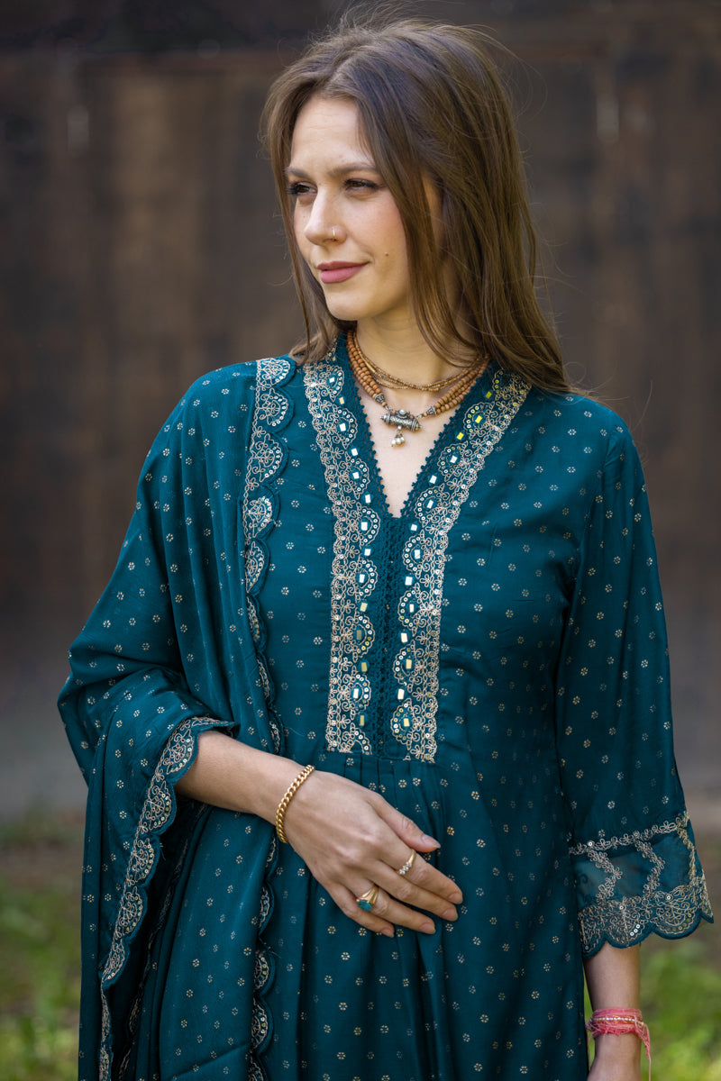 Sea Dark Blue Embroidered Anarkali Kurti With Pants & Dupatta