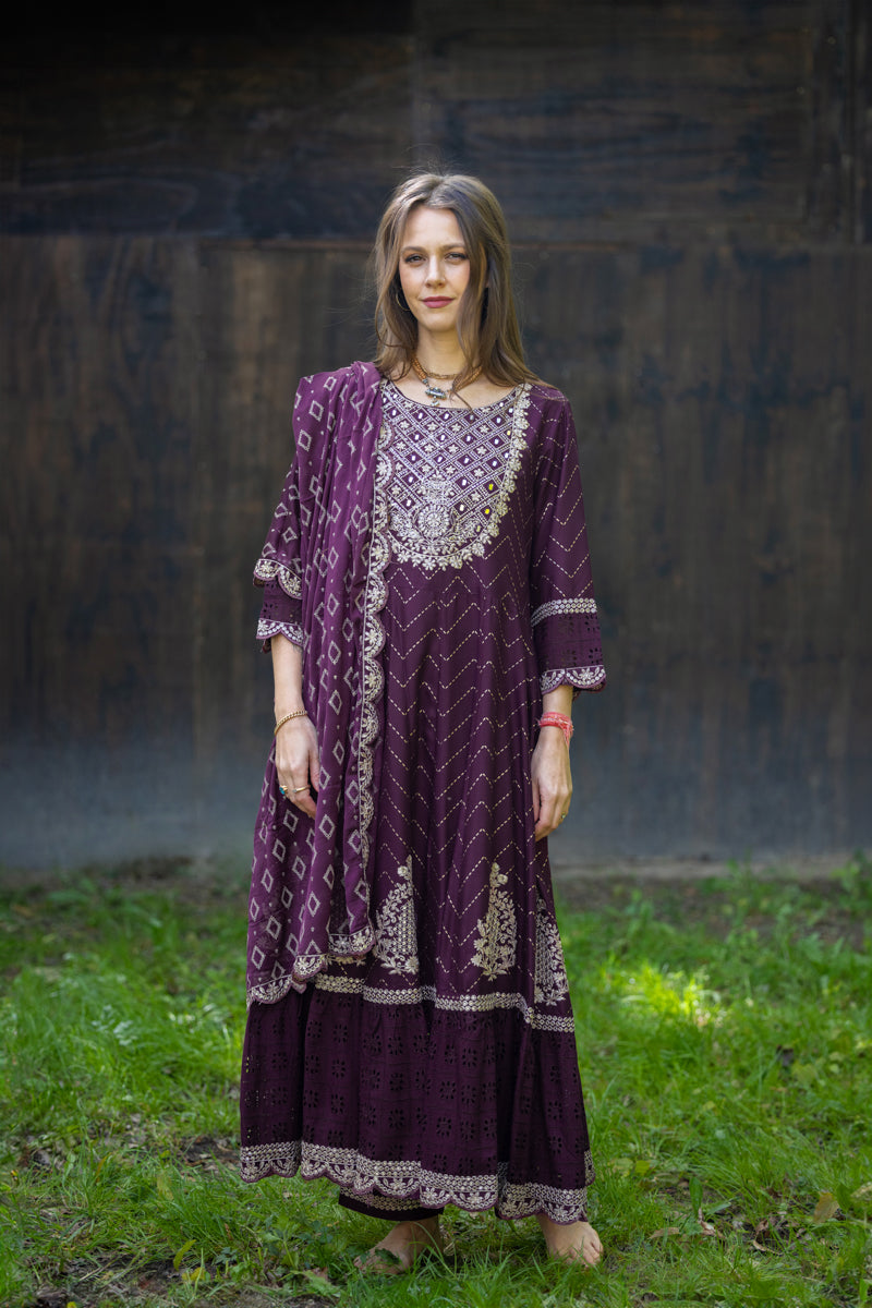 Dark Purple Embroidered Maharani Anarkali Set