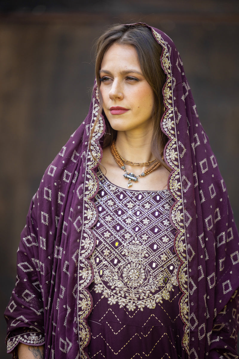 Dark Purple Embroidered Maharani Anarkali Set