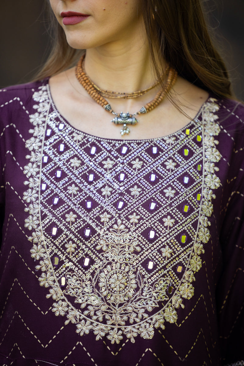 Dark Purple Embroidered Maharani Anarkali Set