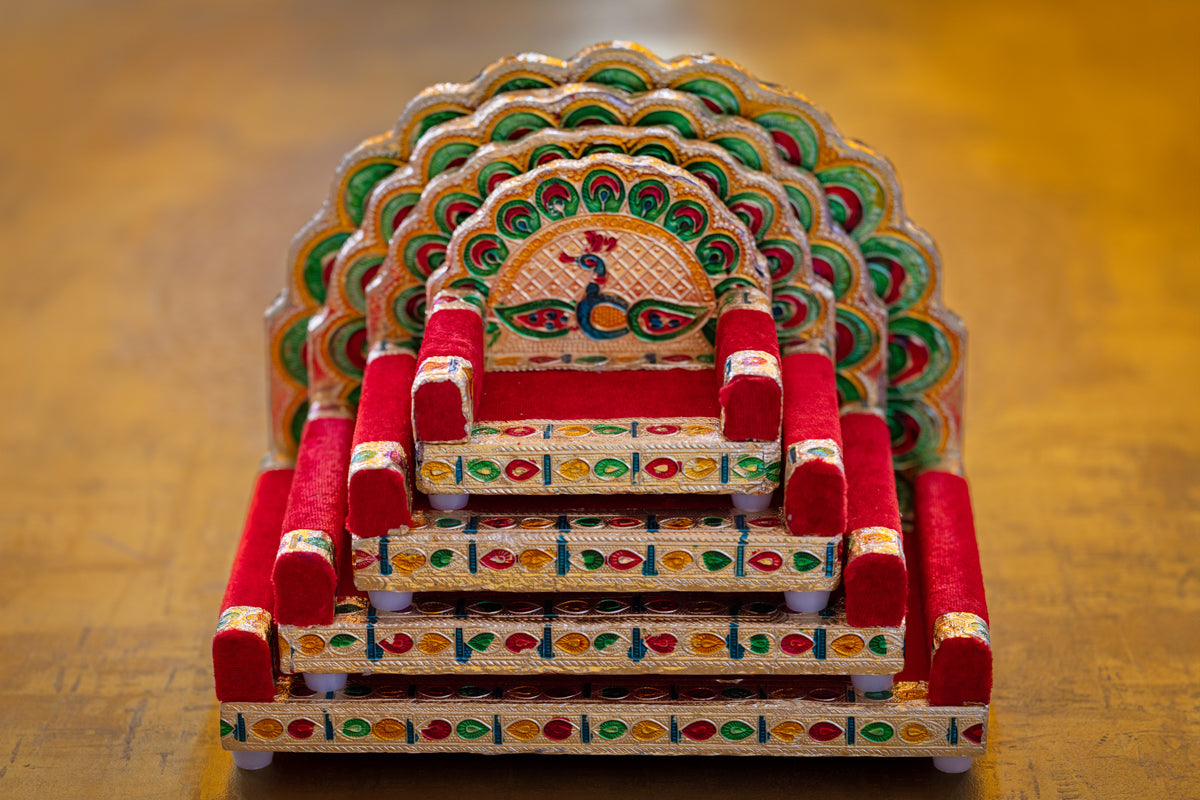 Deity Asan: Wooden Singhasan with peacock design