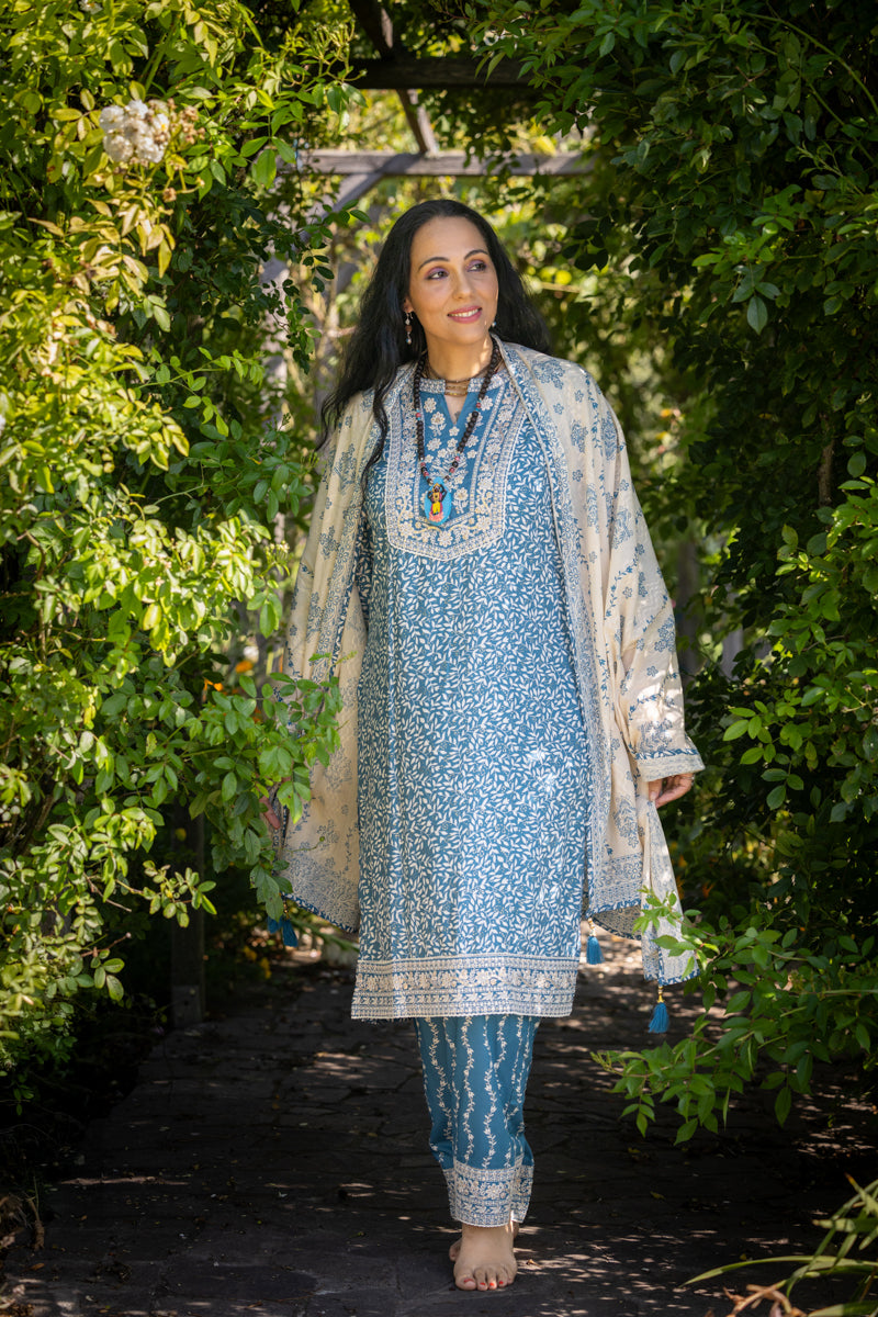 Steel Blue Embroidered Anarkali Kurti With Pants & Dupatta