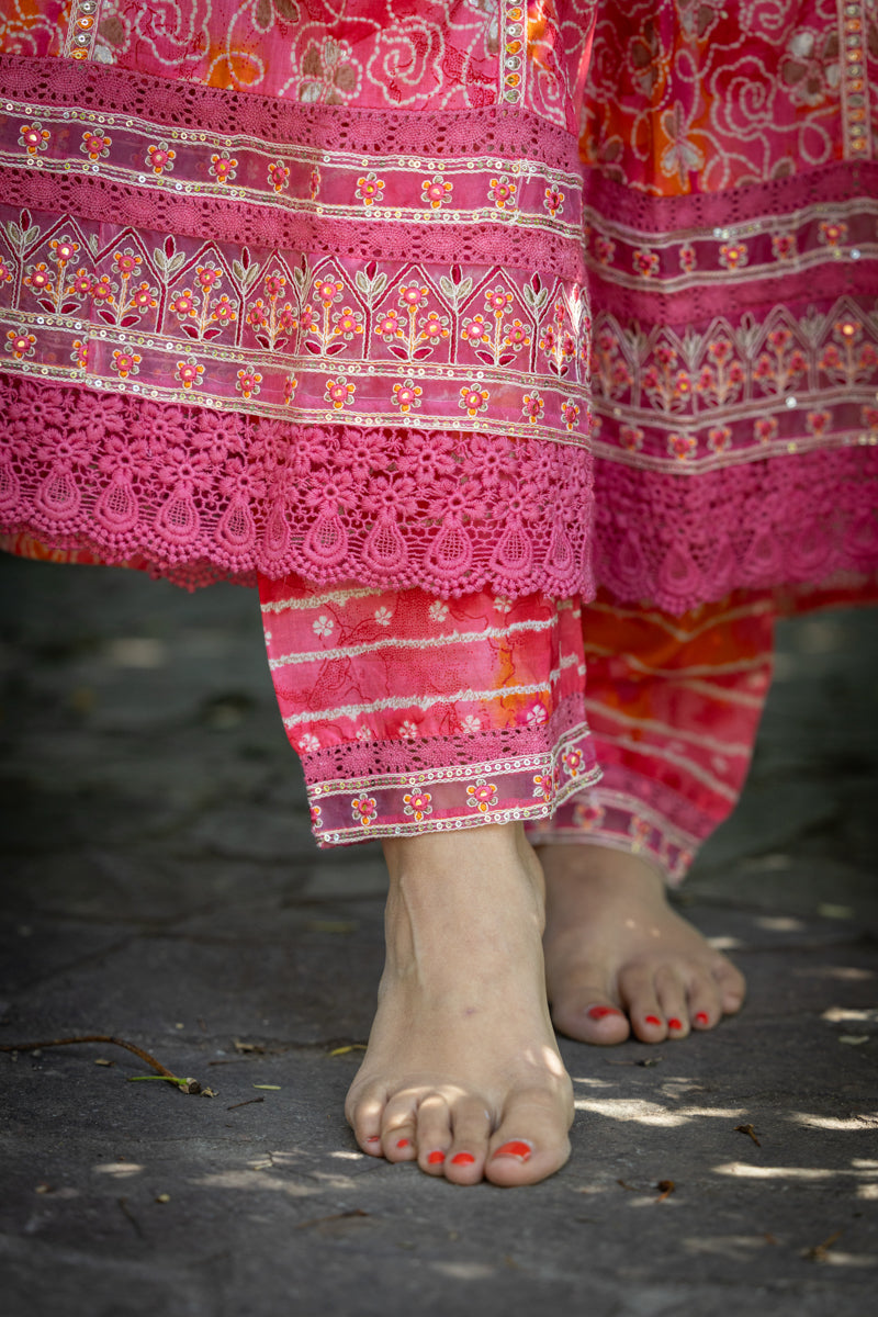 Peachy Pink Printed Anarkali With Pants & Dupatta