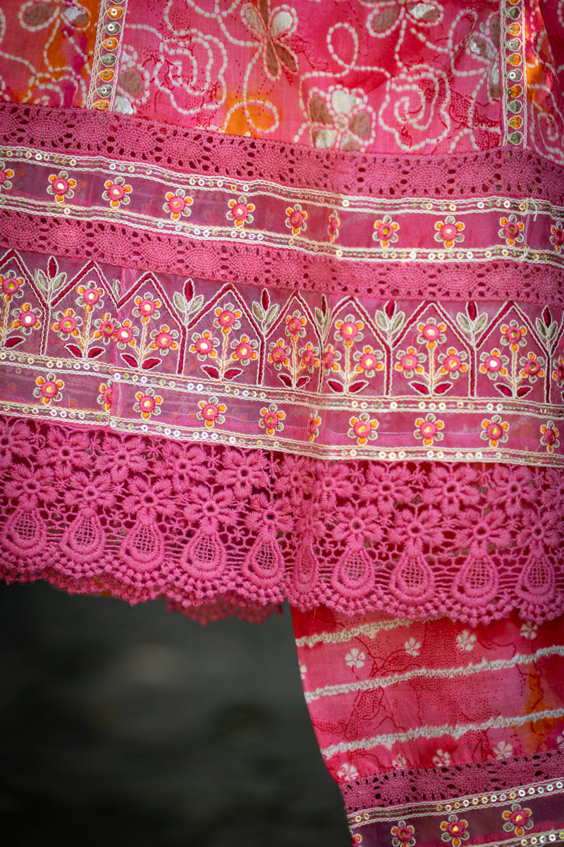 Peachy Pink Printed Anarkali With Pants & Dupatta