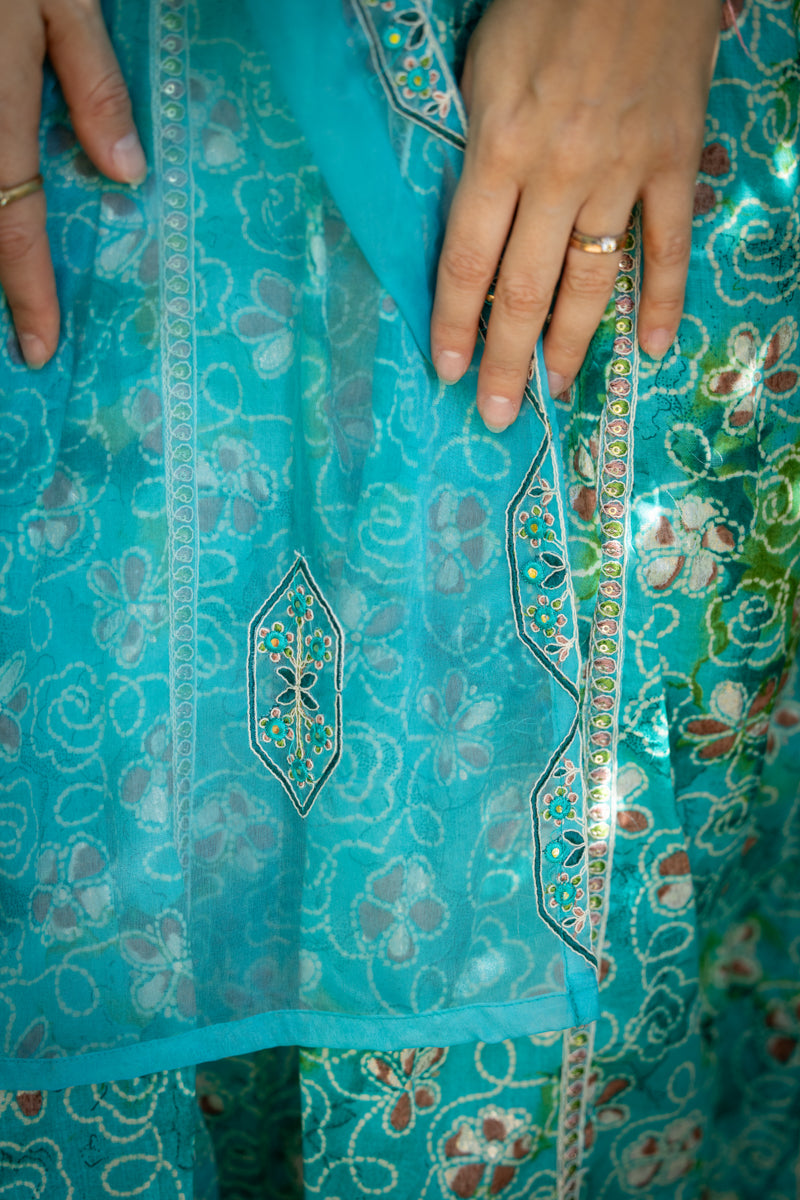 Turquoise Blue Printed Anarkali With Pants & Dupatta