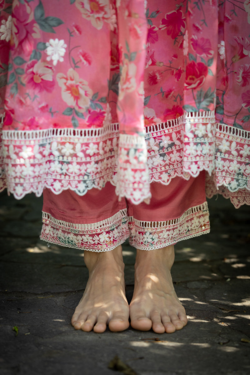 Bright Pink Embroidered Anarkali With Pants & Dupatta