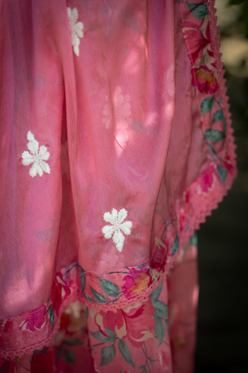 Bright Pink Embroidered Anarkali With Pants & Dupatta