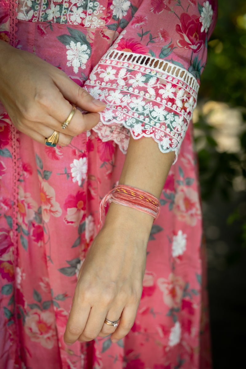 Bright Pink Embroidered Anarkali With Pants & Dupatta