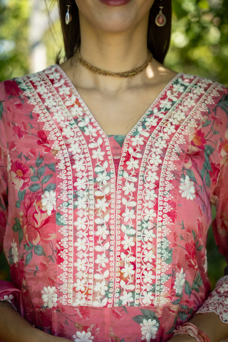 Bright Pink Embroidered Anarkali With Pants & Dupatta
