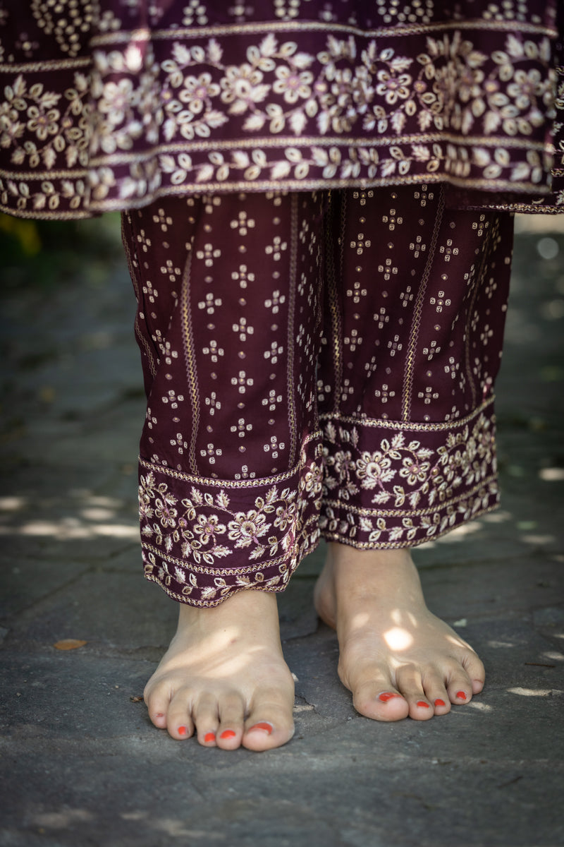 Dark Plum Printed Anarkali With Pants & Dupatta