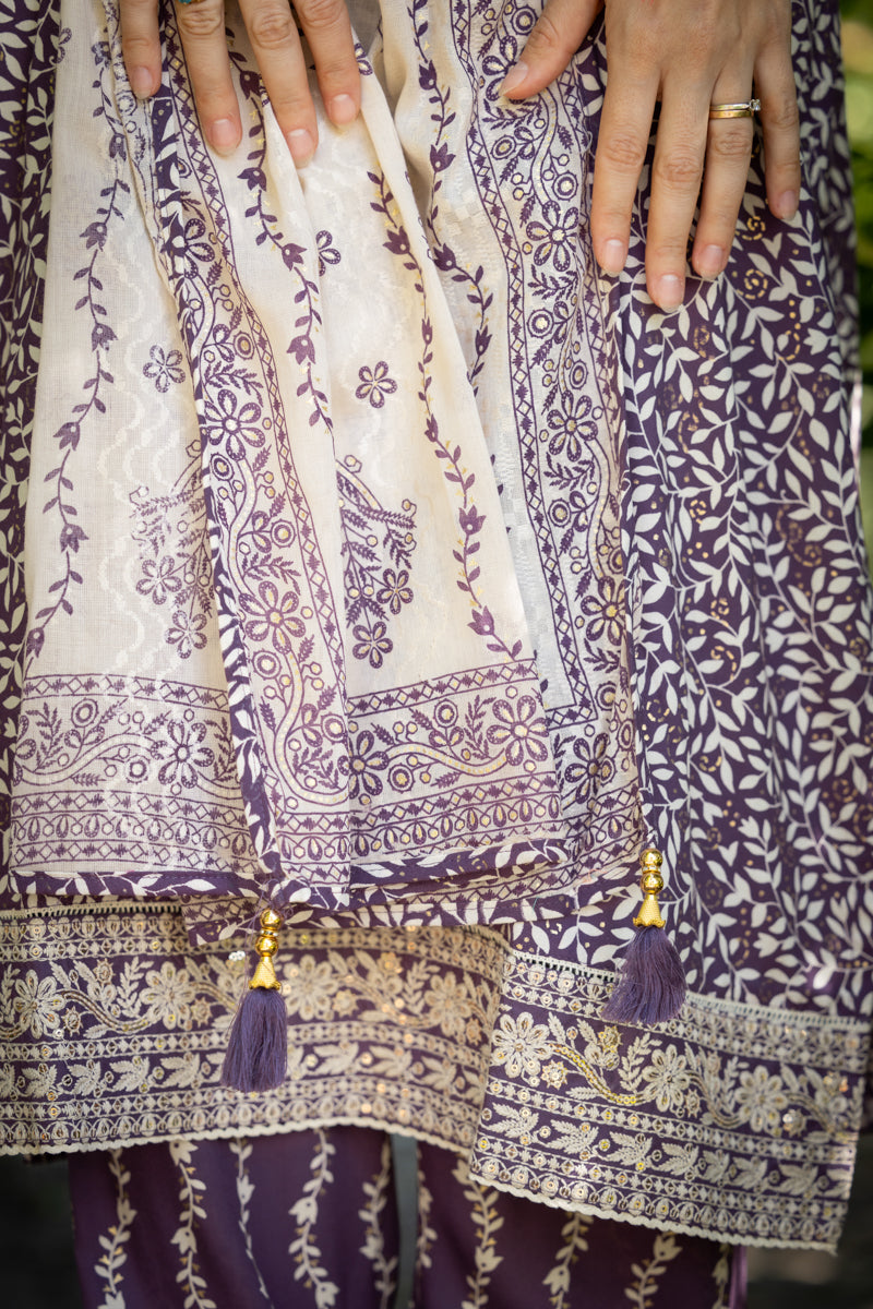 Rich Lilac Embroidered Anarkali Kurti With Pants & Dupatta