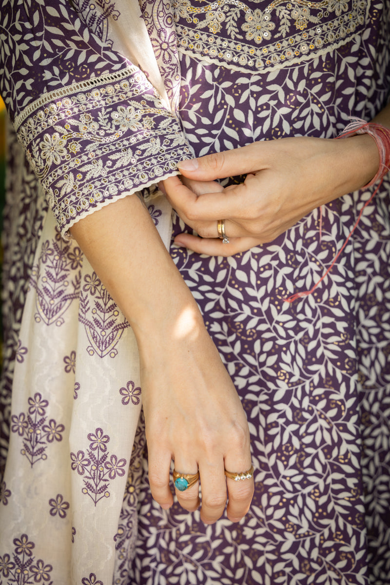 Rich Lilac Embroidered Anarkali Kurti With Pants & Dupatta
