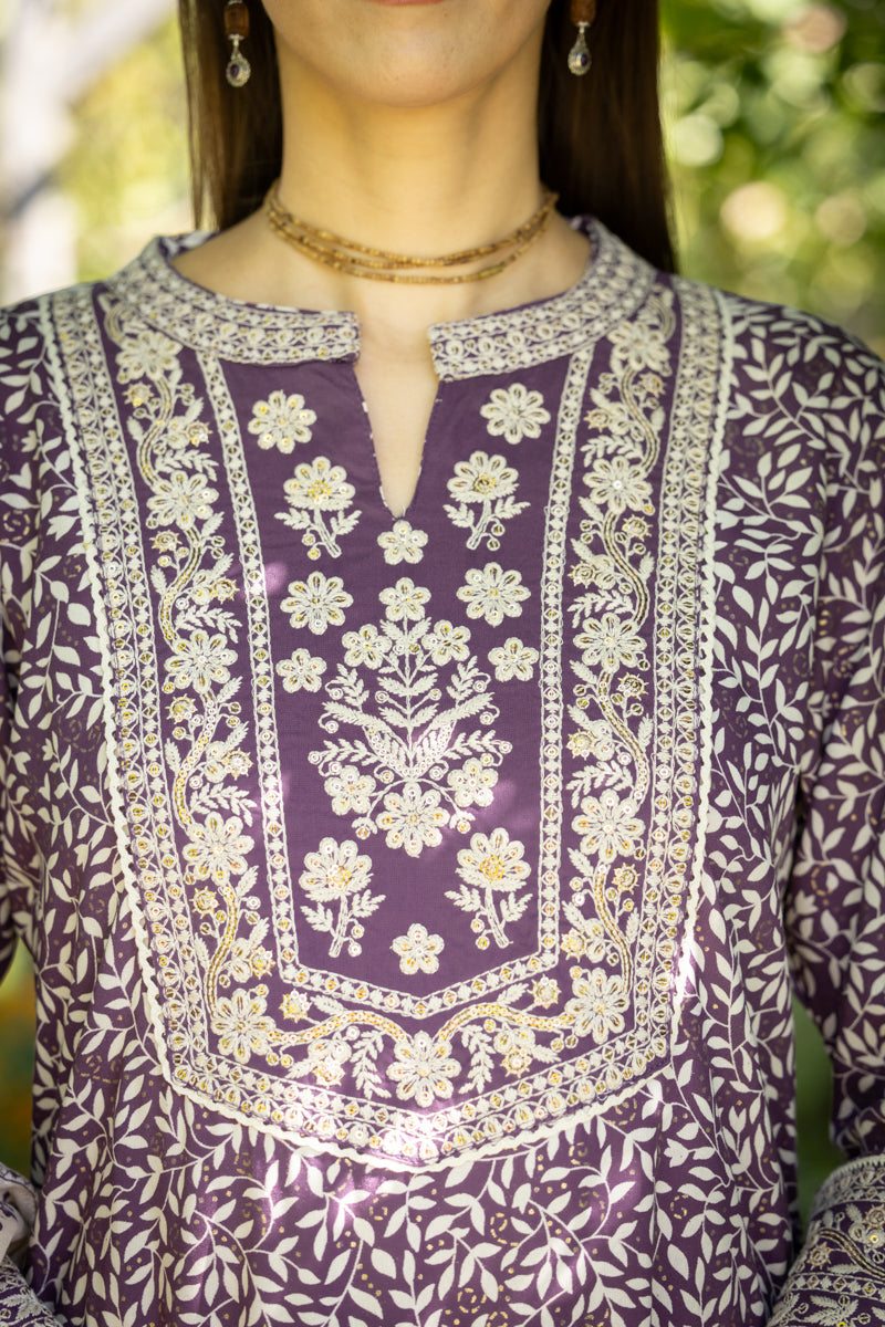 Rich Lilac Embroidered Anarkali Kurti With Pants & Dupatta