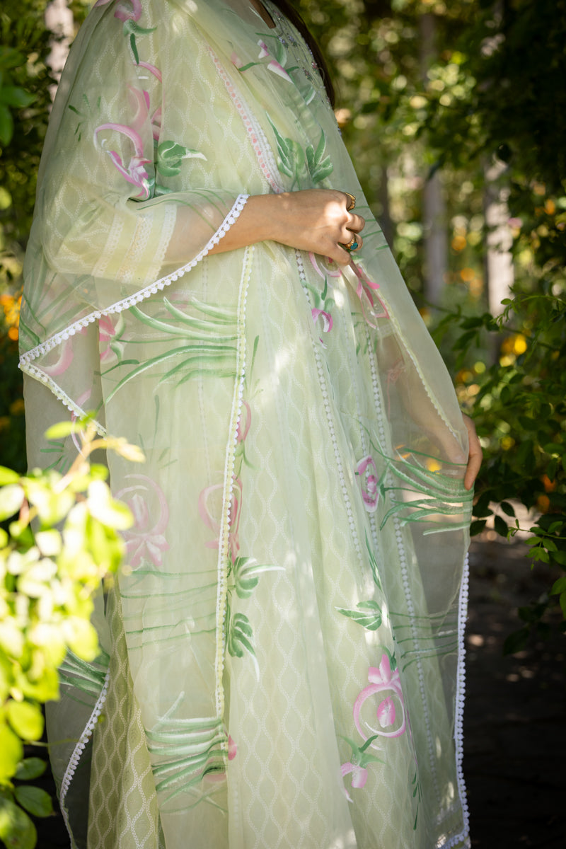 Mint Green Embroidered Anarkali With Pants & Dupatta