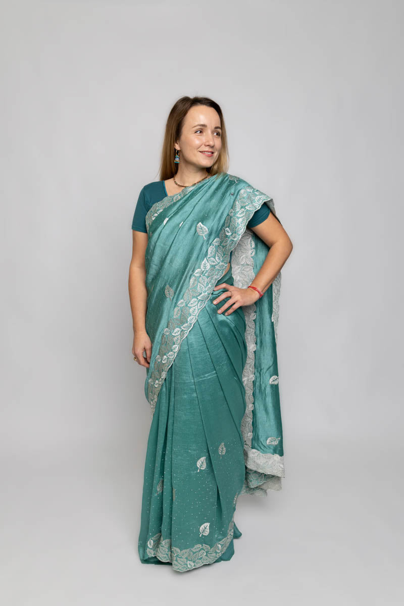 Iris Blue Chinon Silk Saree