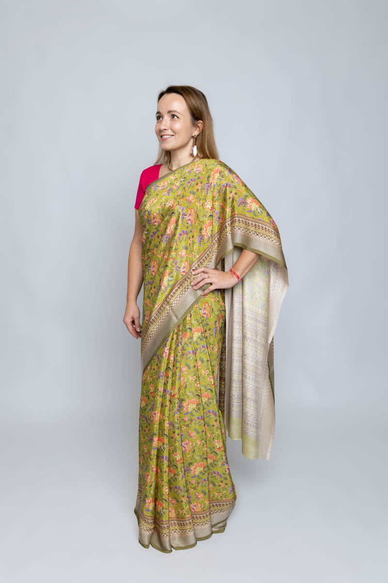 Olive Yellow Poly Crepe Silk Saree