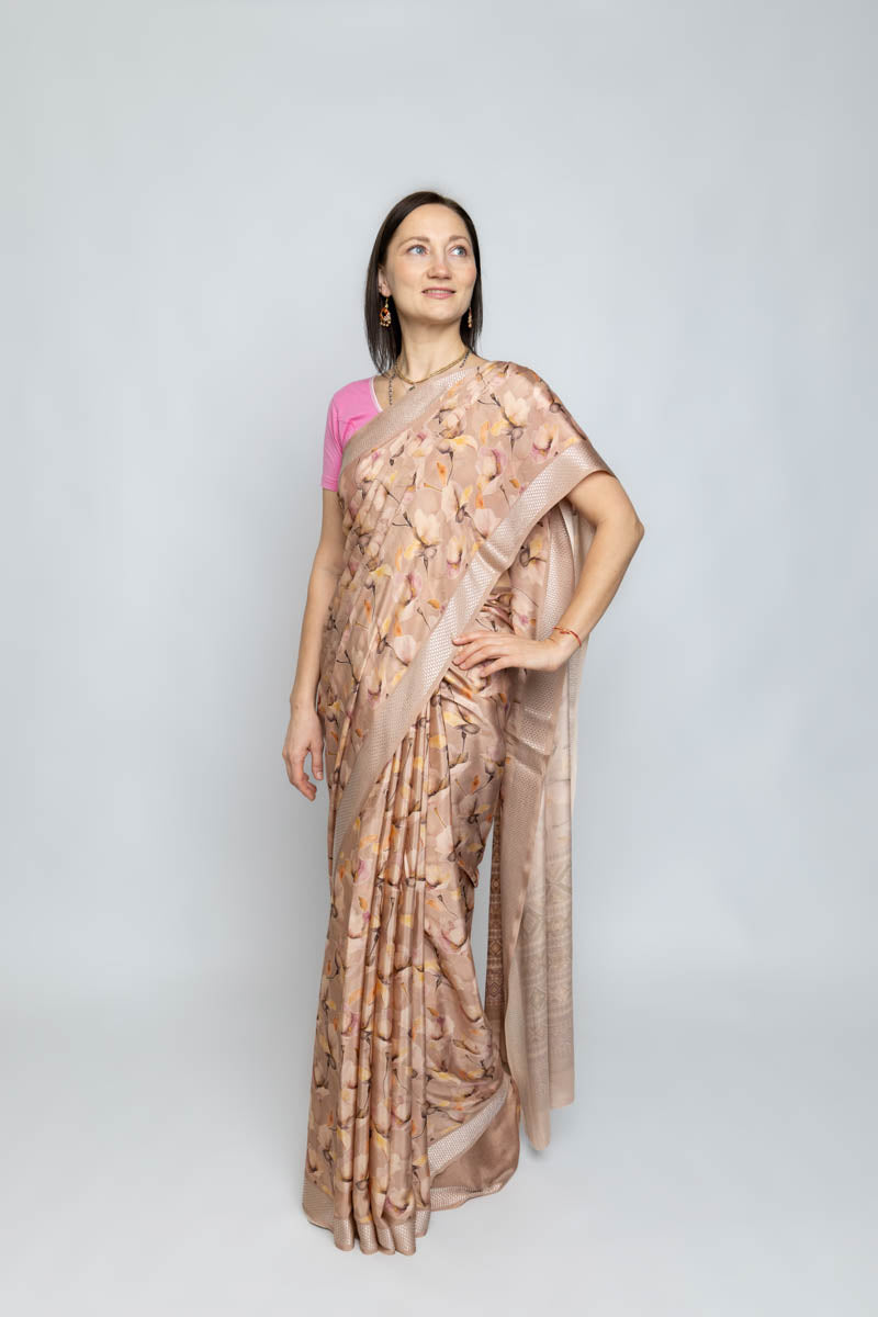 Pastel Peach Poly Crepe Silk Saree