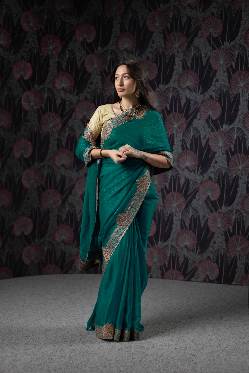 Green Organza Embroidered Saree