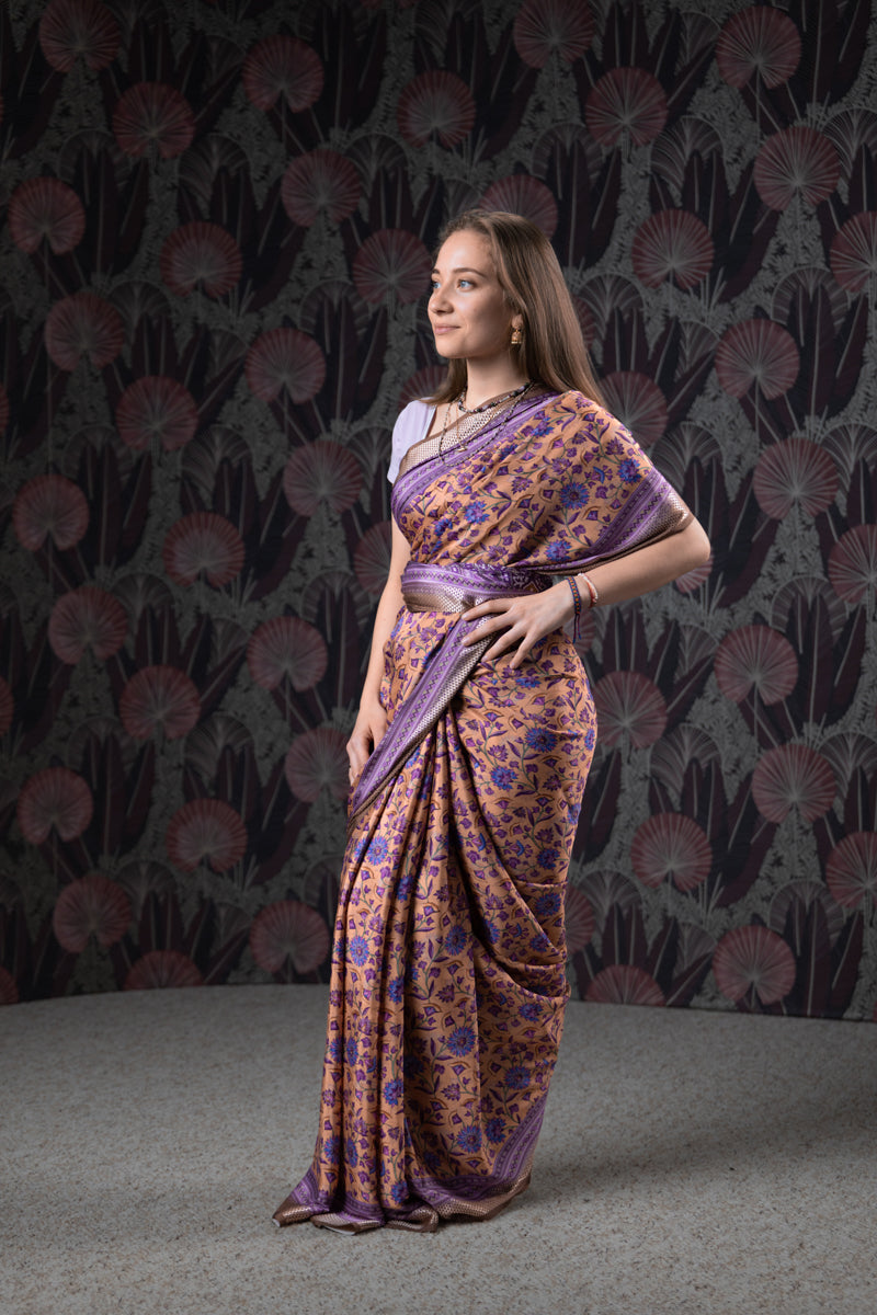 Creamy Peach Poly Crepe Silk Saree