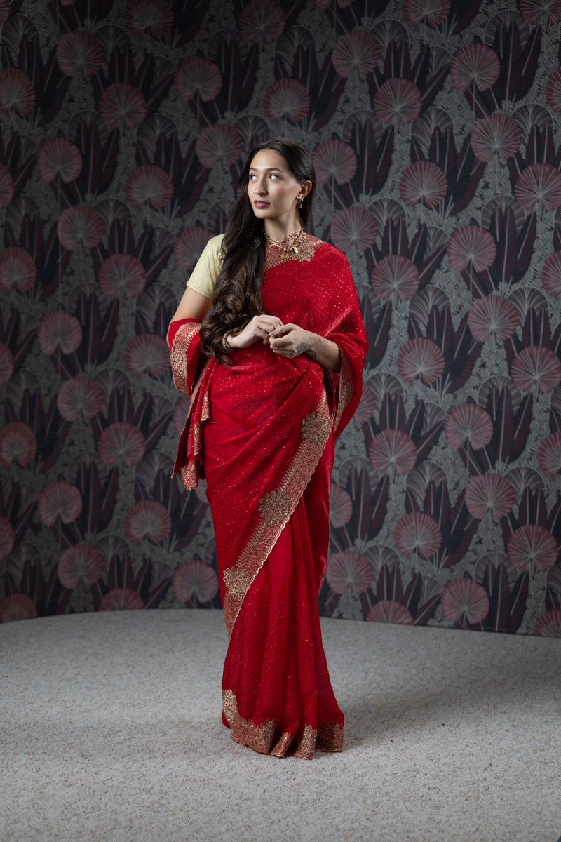 Red Organza Embroidered Saree