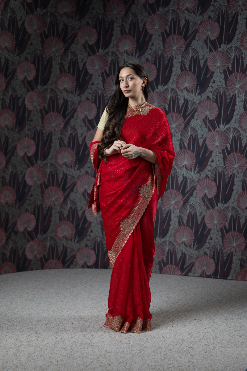 Red Organza Embroidered Saree