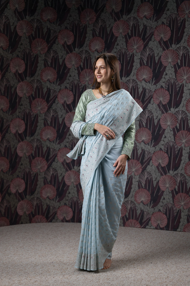 Powder Blue Embroidered Georgette Saree