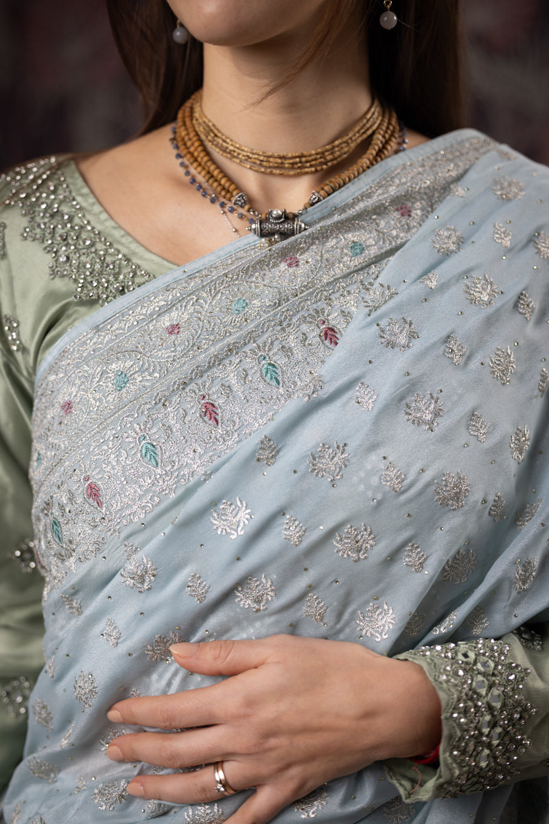 Powder Blue Embroidered Georgette Saree