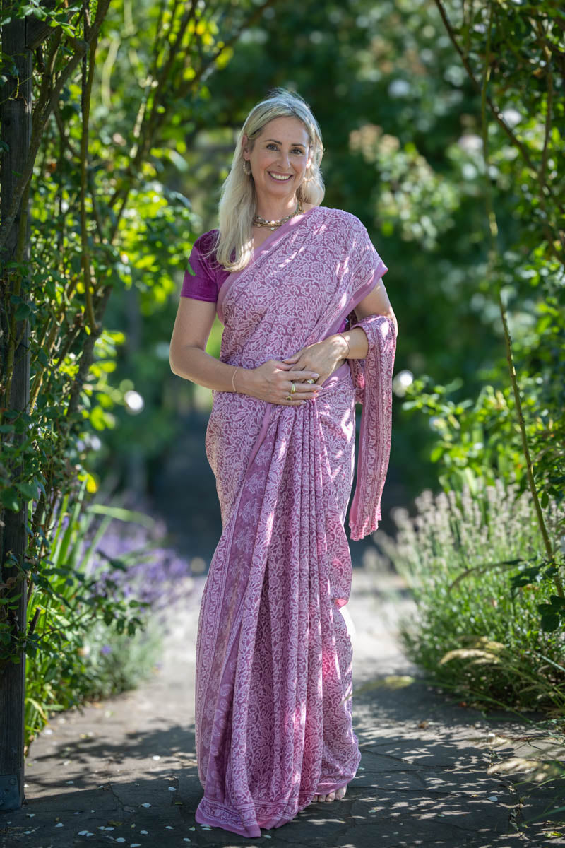 Pink Floral Poly Crepe Silk Saree