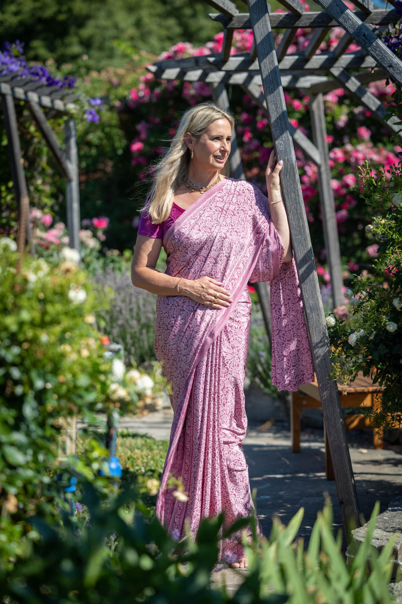 Pink Floral Poly Crepe Silk Saree
