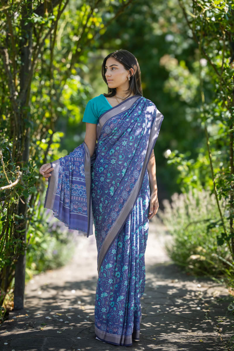 Peacock Blue Poly Crepe Silk Saree