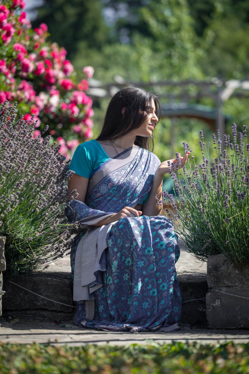 Peacock Blue Poly Crepe Silk Saree