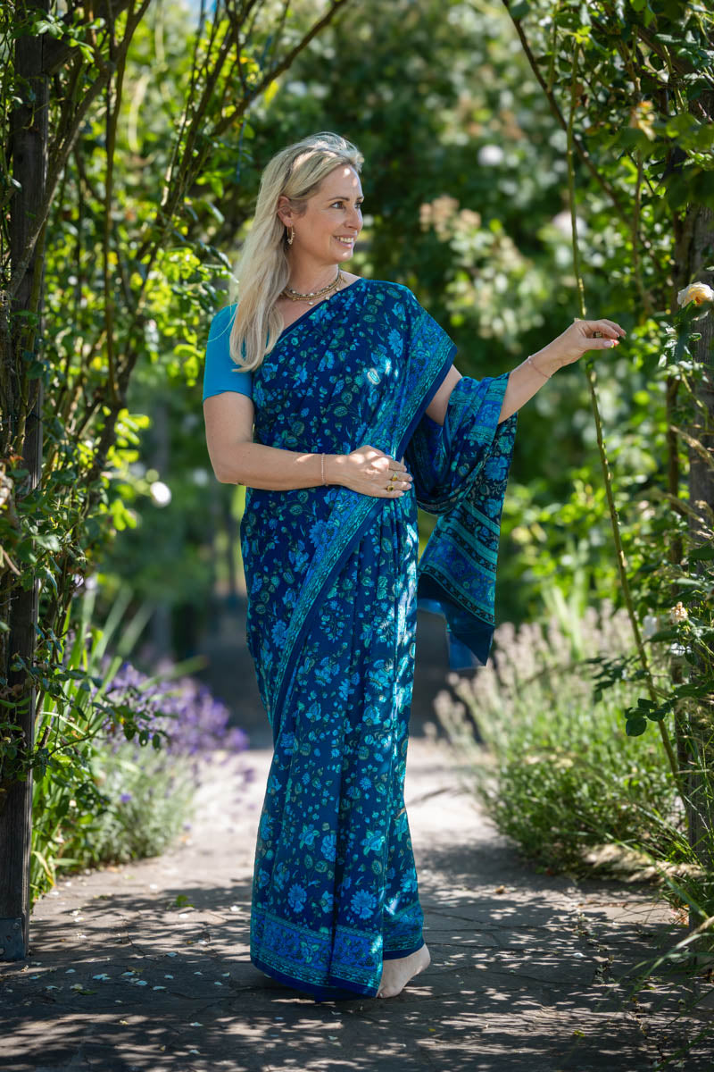 Deep Blue Poly Crepe Silk Saree