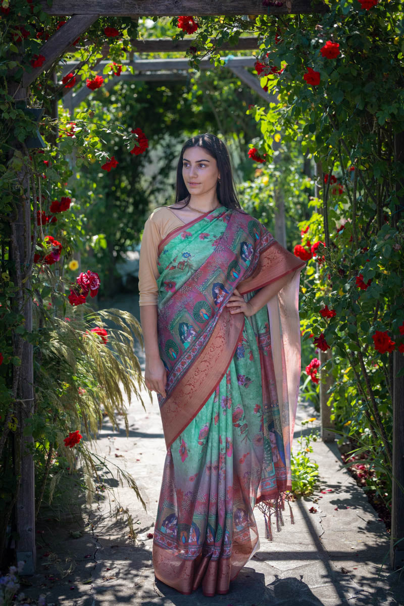 Sea Green Soft Banarasi Art Silk Printed Saree