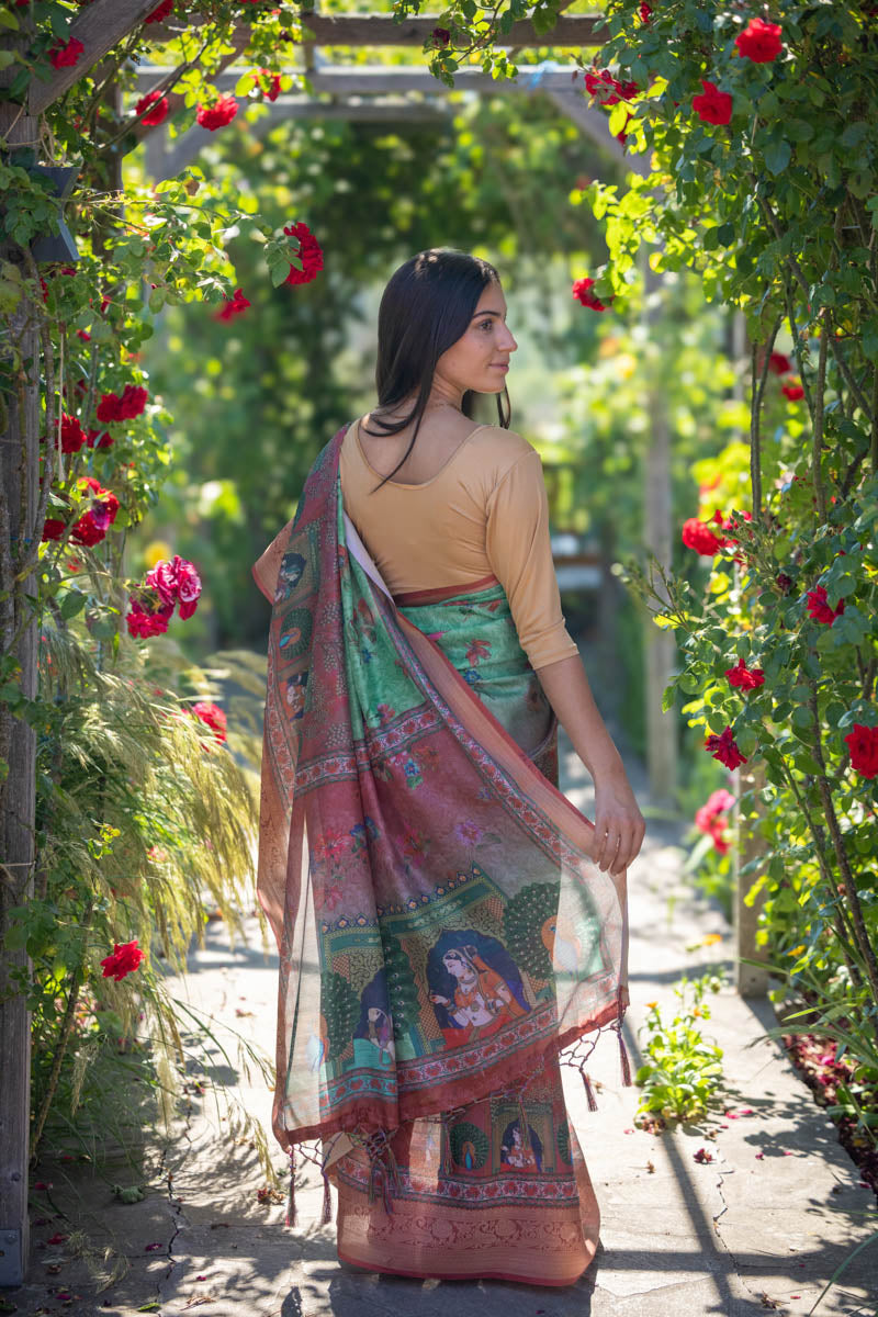 Sea Green Soft Banarasi Art Silk Printed Saree