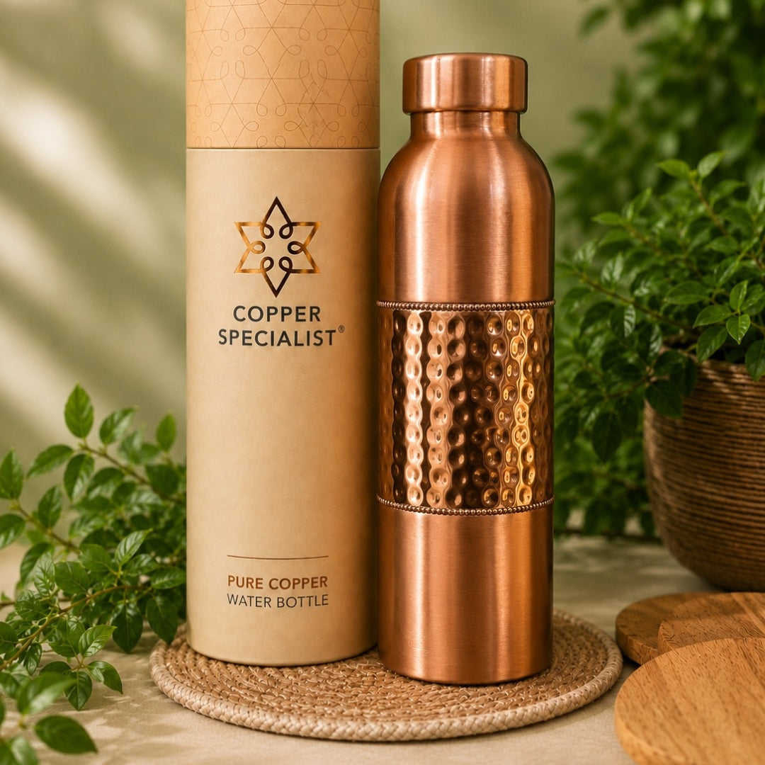 Copper water bottle, half-hammered, polished and matte, 1 liter