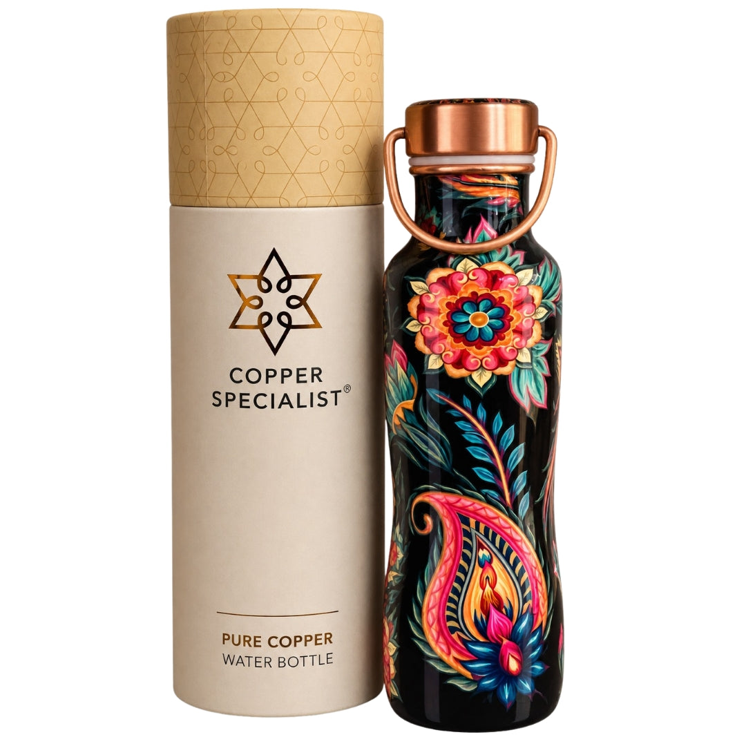 Copper water bottle with floral print, curved, with handle 750 ml