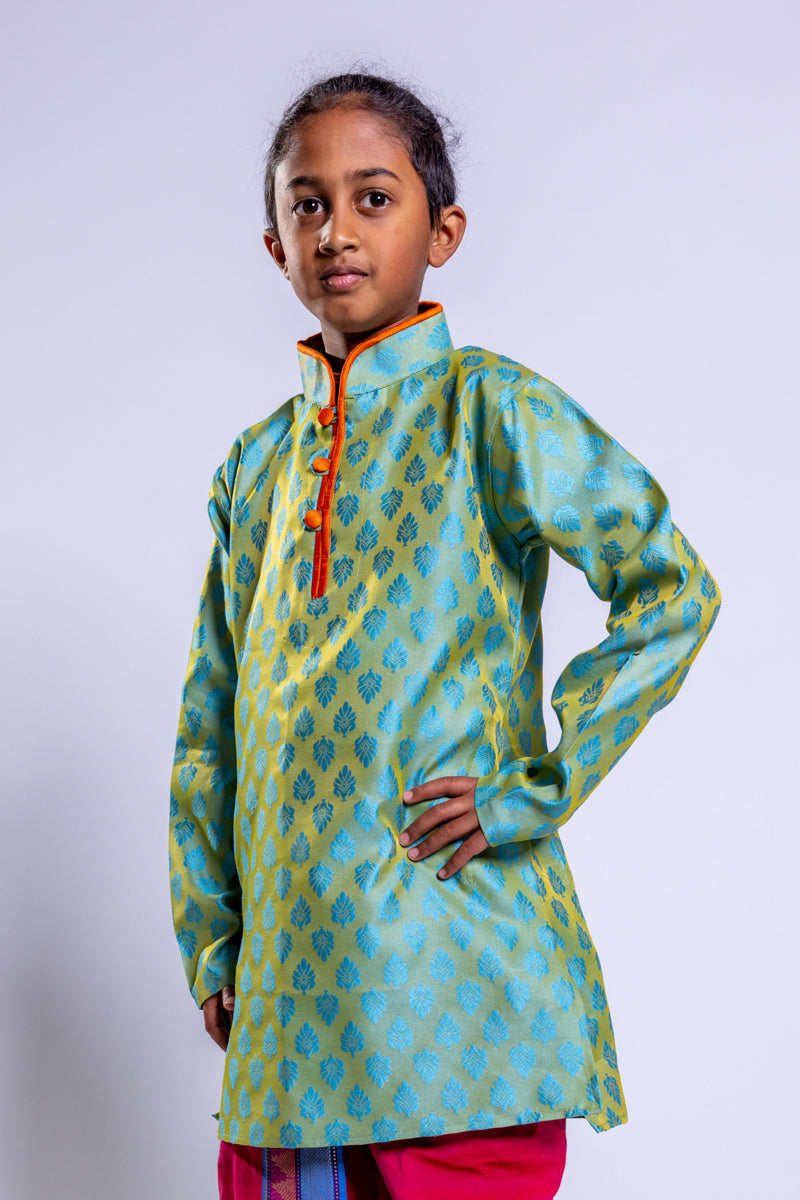 Light Bright Green Jacquard Kurta, 28 size