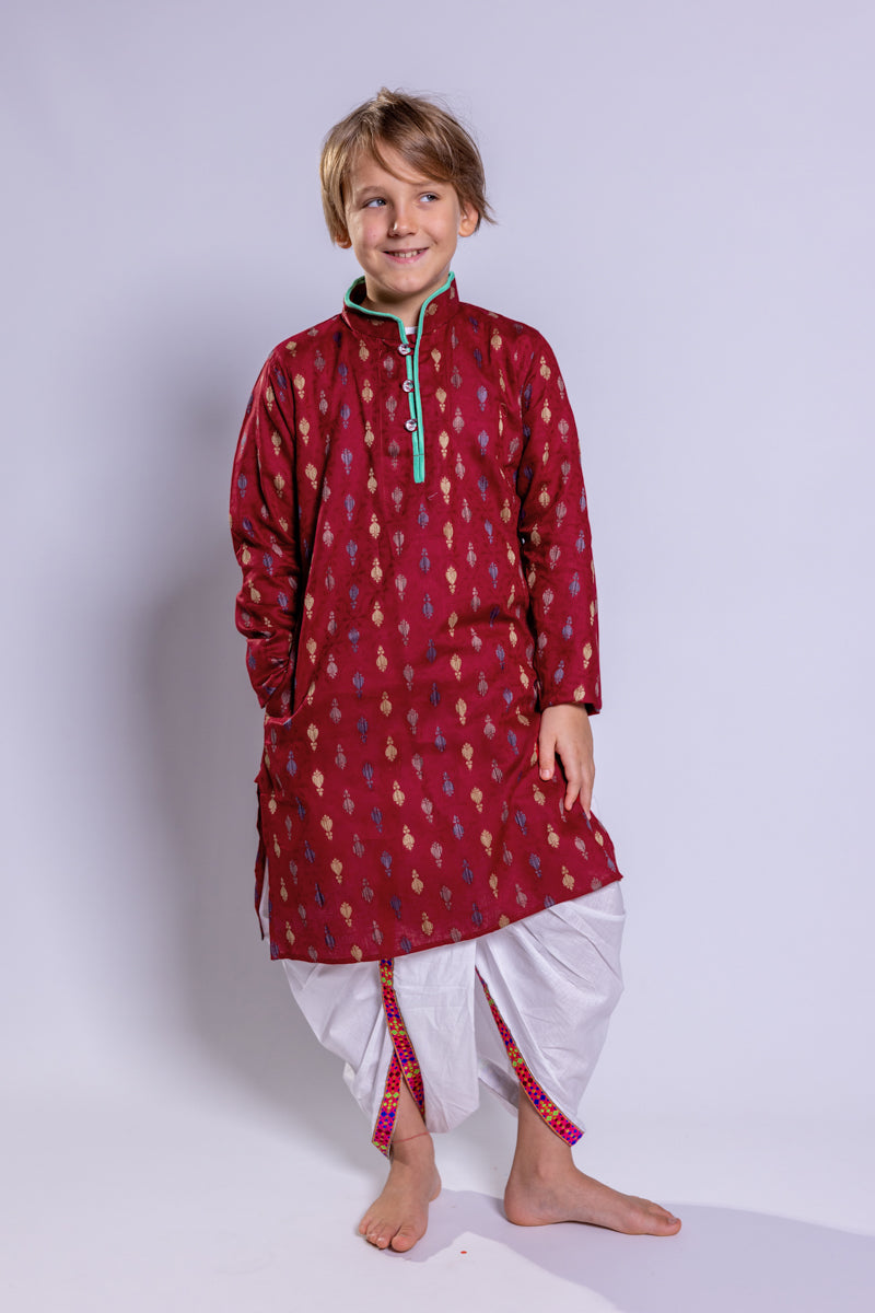 Burgundy Jacquard Kurta Set, 28 size