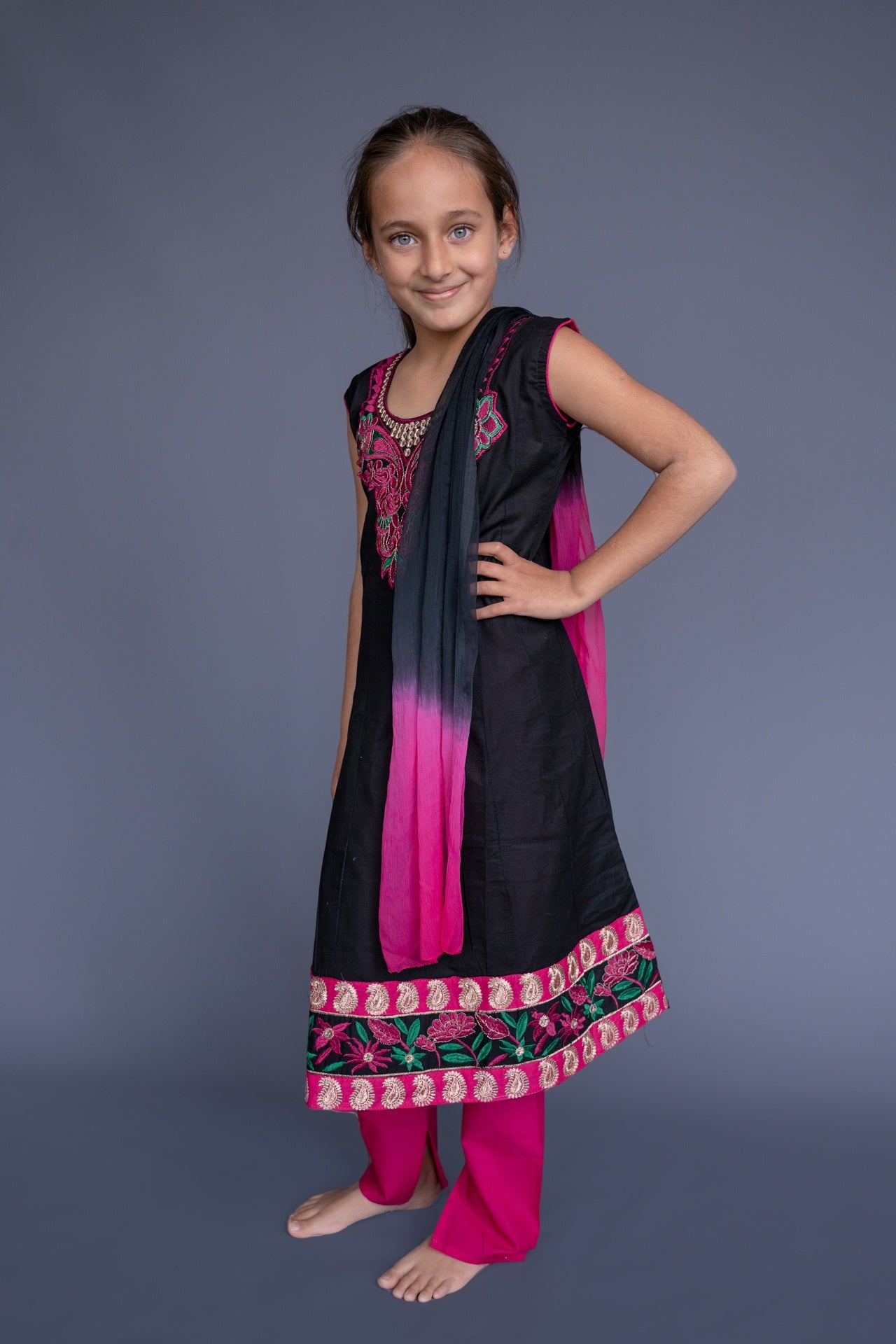 Black & Dark Rose Churidar Set, 6-7 years