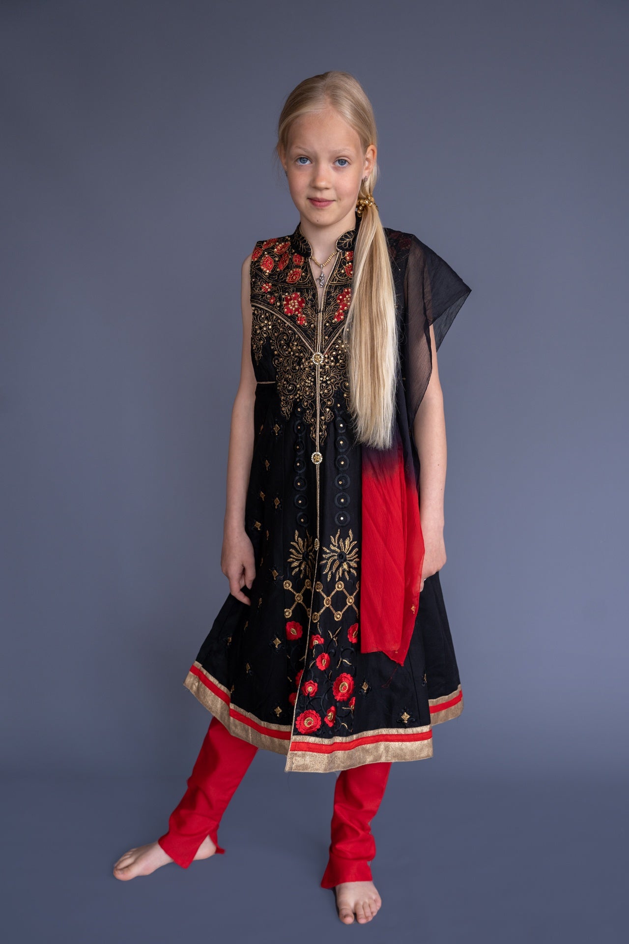 Black & Red Churidar Set, 11-12 years