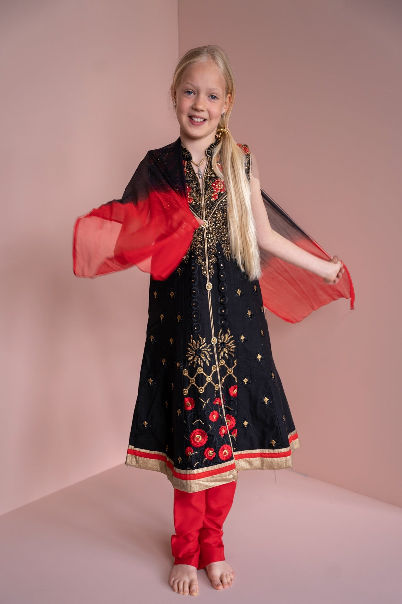 Black & Red Churidar Set, 11-12 years