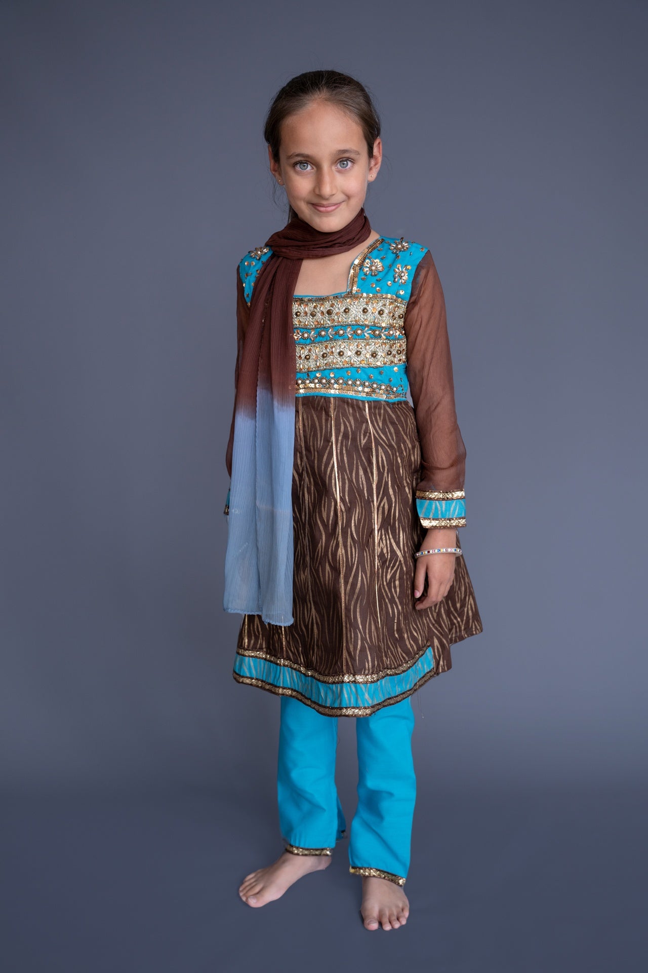 Turquoise & Brown Churidar Set, 6-7 years