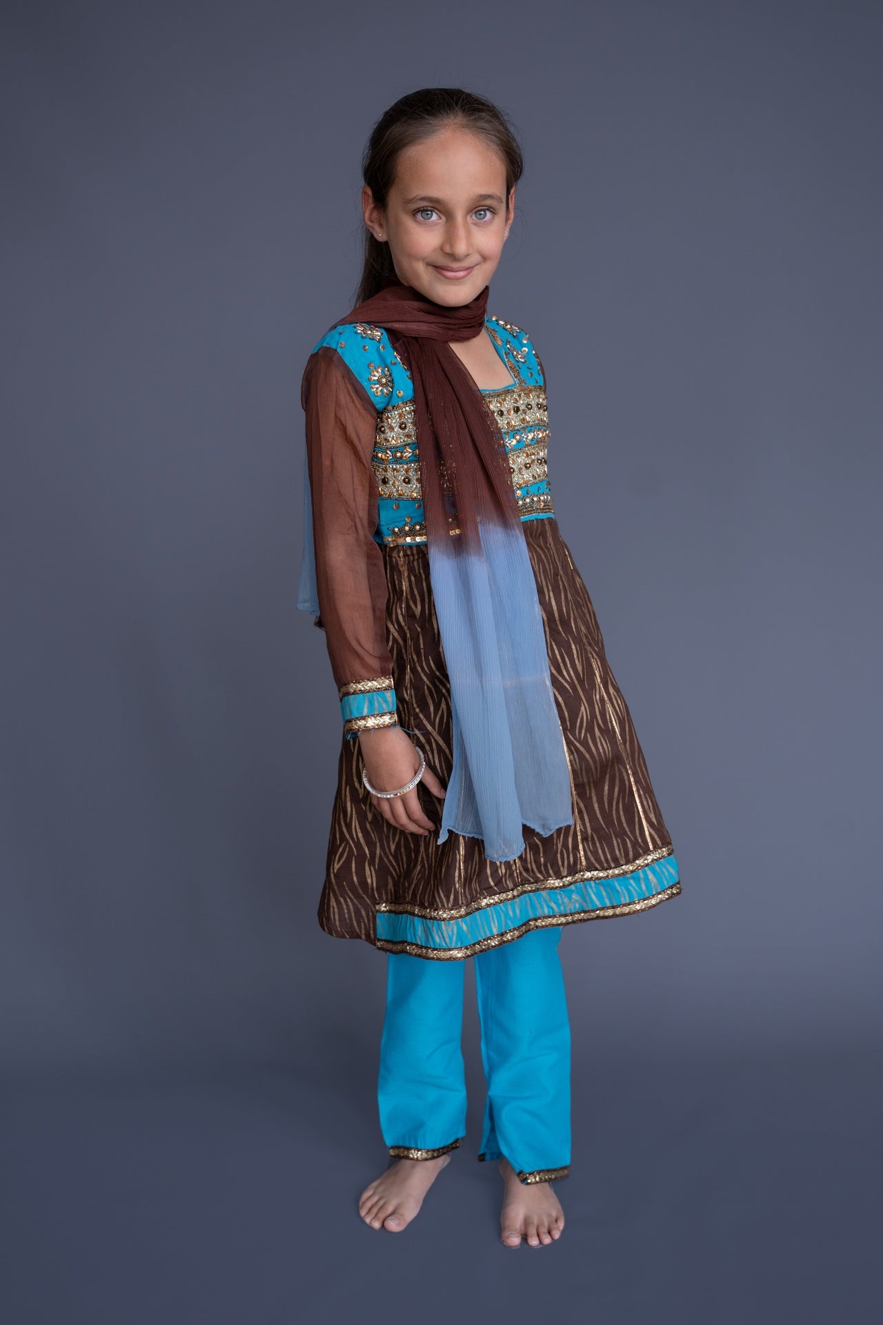 Turquoise & Brown Churidar Set, 6-7 years