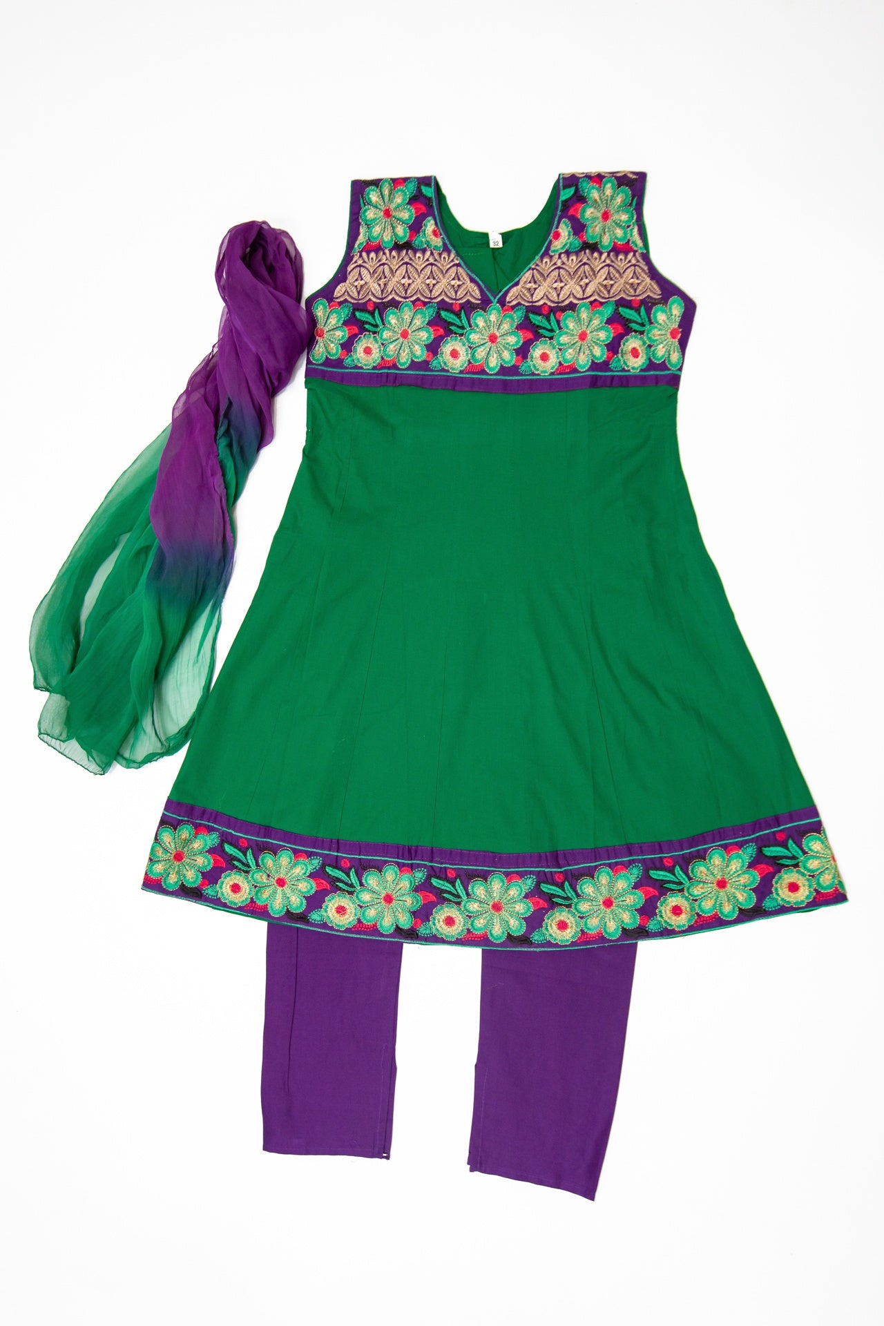 Green & Violet Churidar Set, 9-10 years