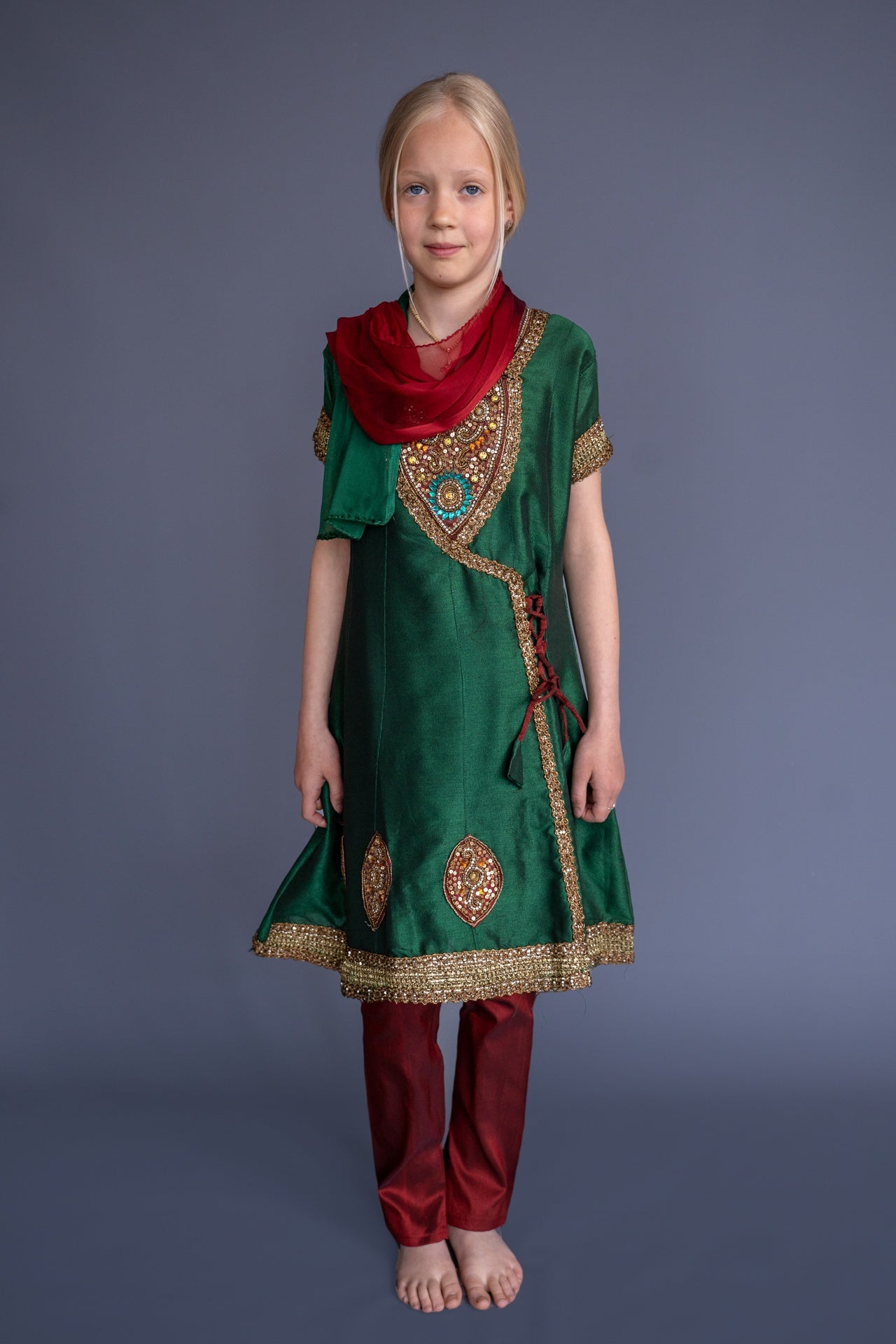 Satin Green & Bordeaux Churidar Set, 11-12 years