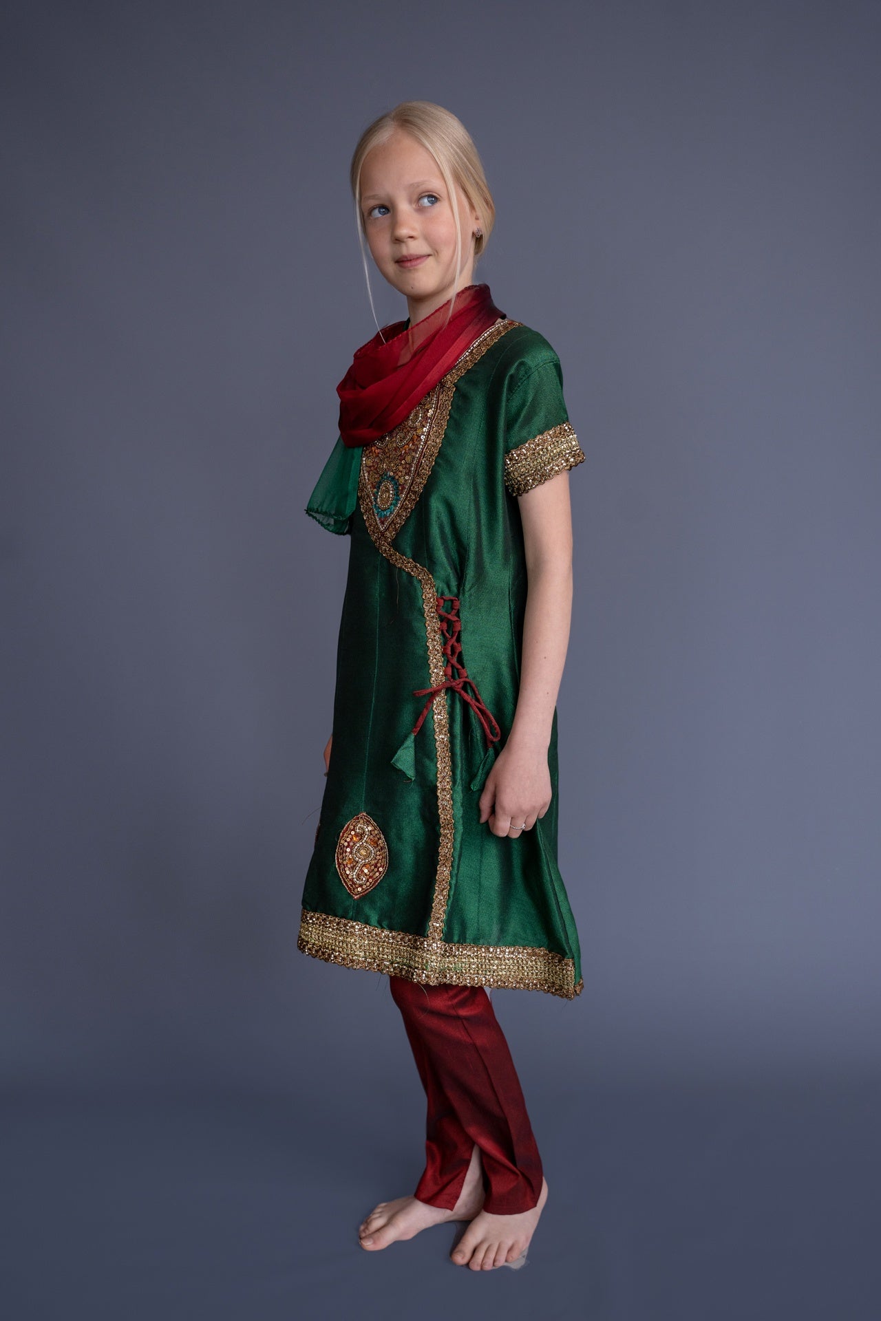 Satin Green & Bordeaux Churidar Set, 11-12 years