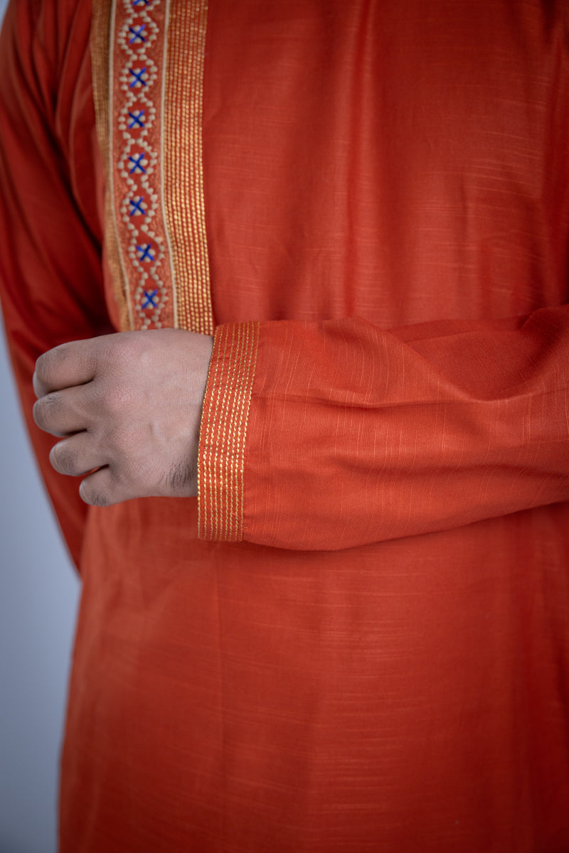 Kurta fantasia color arancio polvere con colletto cinese, taglia M