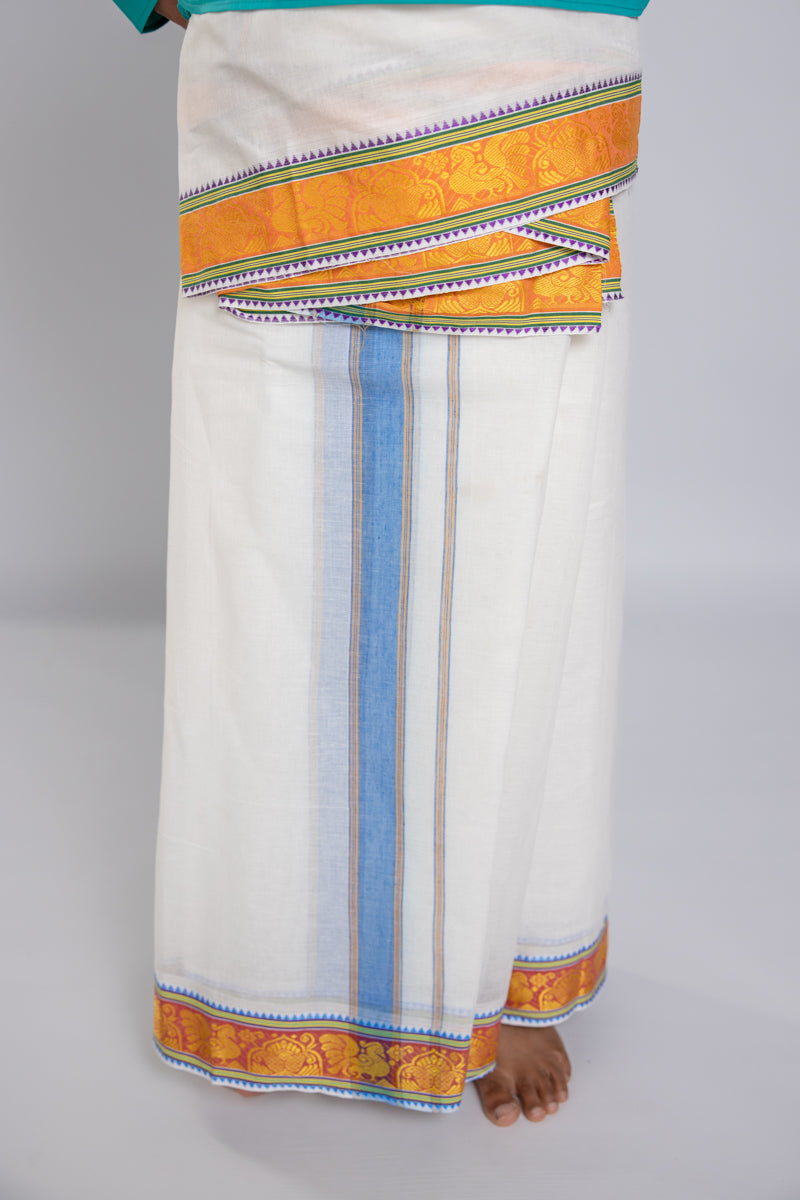 White Dhoti With Colour Stripe Border