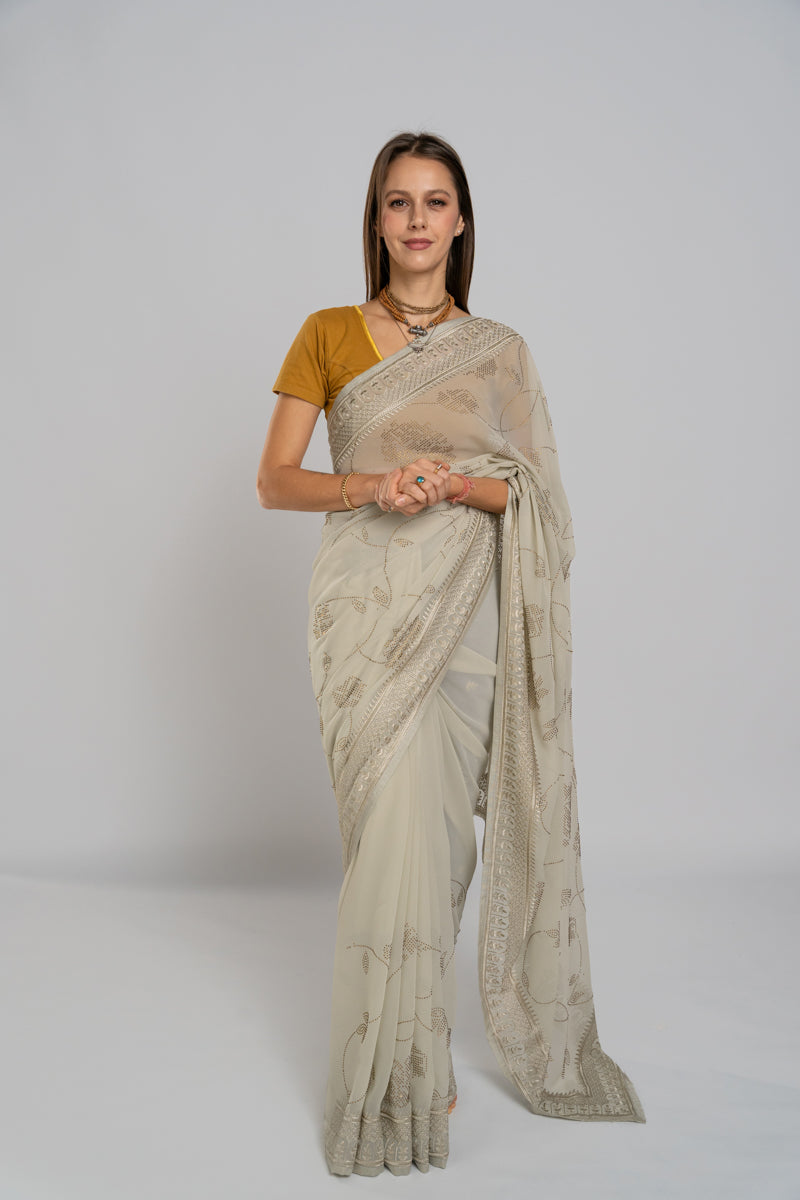 Bone White Embroidered Georgette Saree