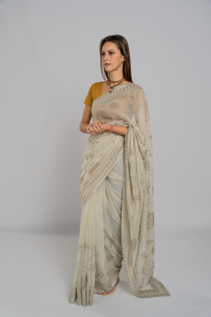 Bone White Embroidered Georgette Saree